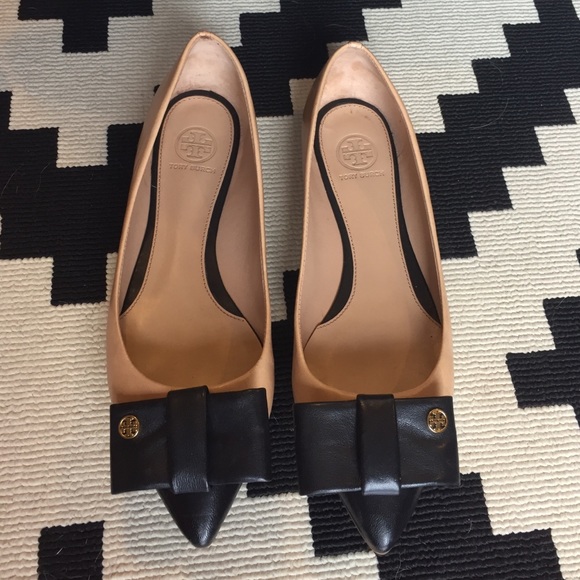 Tory Burch "Aimee" Tan and Black Bow Ballet Flats