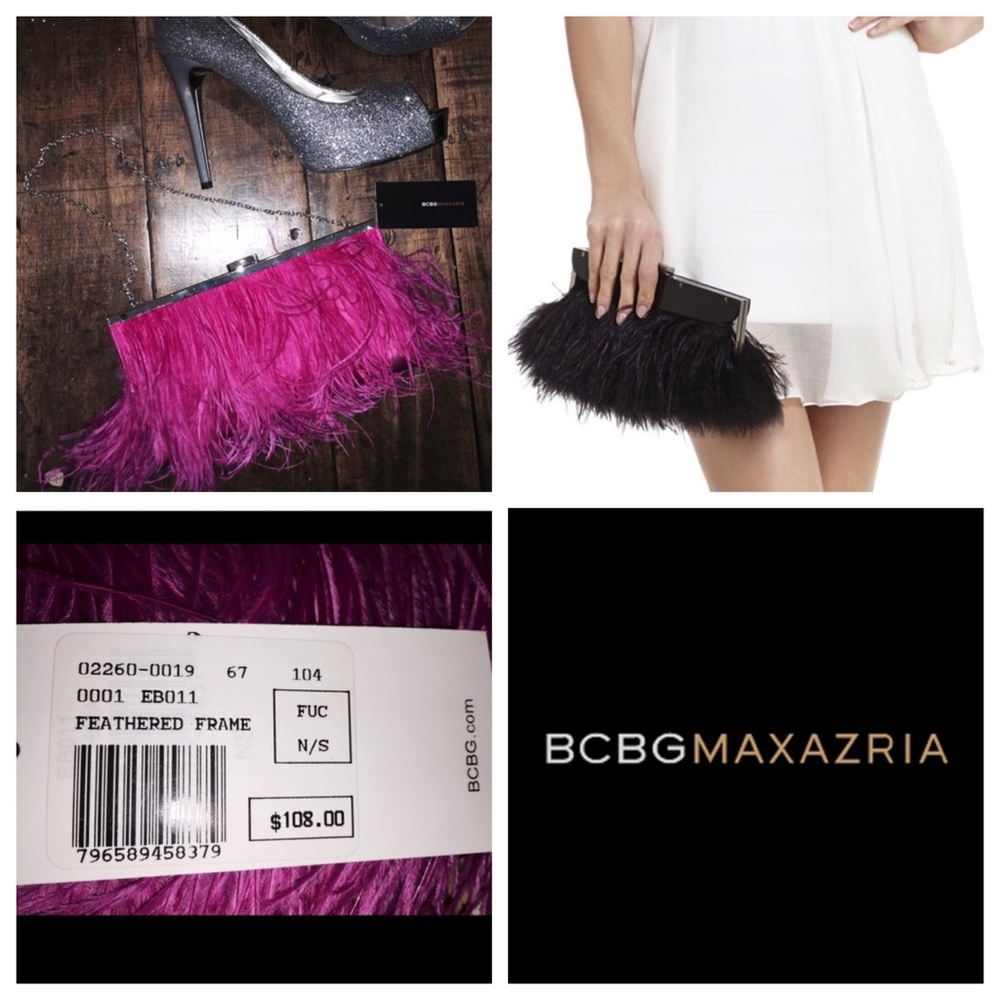 BCBG NWT Trendy Hot Pink Feather Clutch / Purse