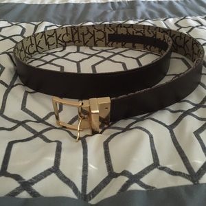 Brown/CK Patterned Belt, Gold Buckle