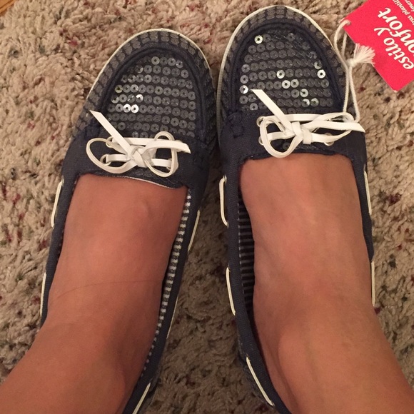 NWT- Navy Sequined Boating shoes - Picture 1 of 4