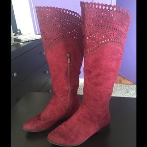 Laser cut knee high boots