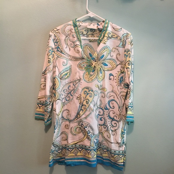 Chico's floral tunic top with beading detail, LN