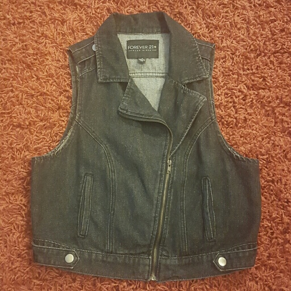 Forever 21+ Dark Blue Jean Cropped Moto Vest