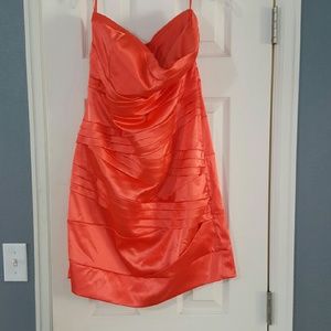 Short strapless satin orange mini dress