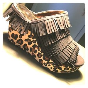 Leopard Print Wedges with Brown Fringe