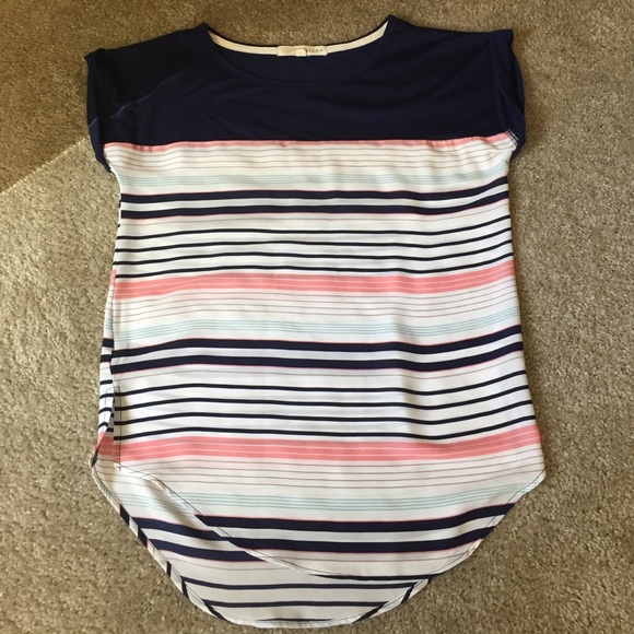 Juniors navy blue multi color striped tunic