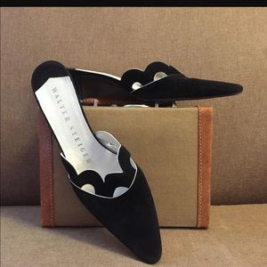 Walter Steiger Black Suede Scalloped Mules
