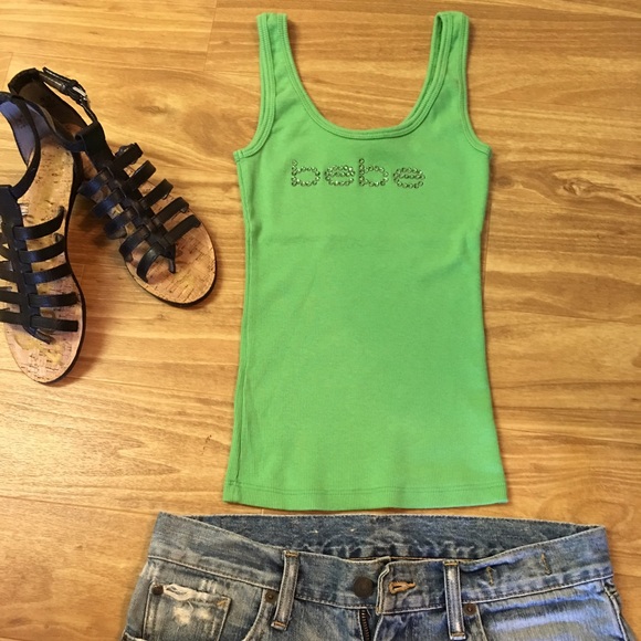 BEBE Women's Crystal Logo Ribbed Tank Green.