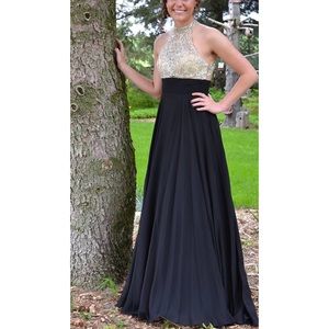 Gold Jeweled High Neck Prom Dress Size 2