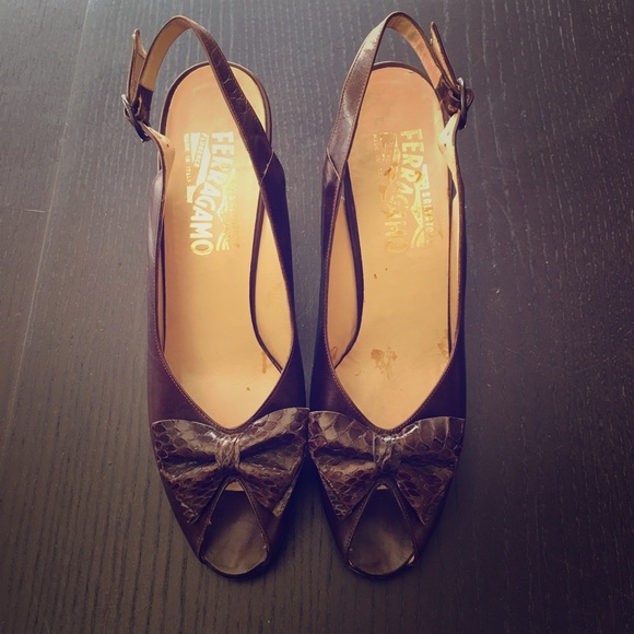 Ferragamo Brown Bow Peep Toe Pumps