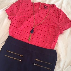 Pink and navy polka dot top