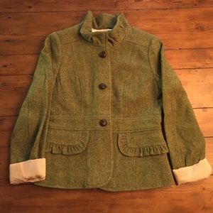 J. Crew Green Wool Jacket with Ruffles. Size 4.
