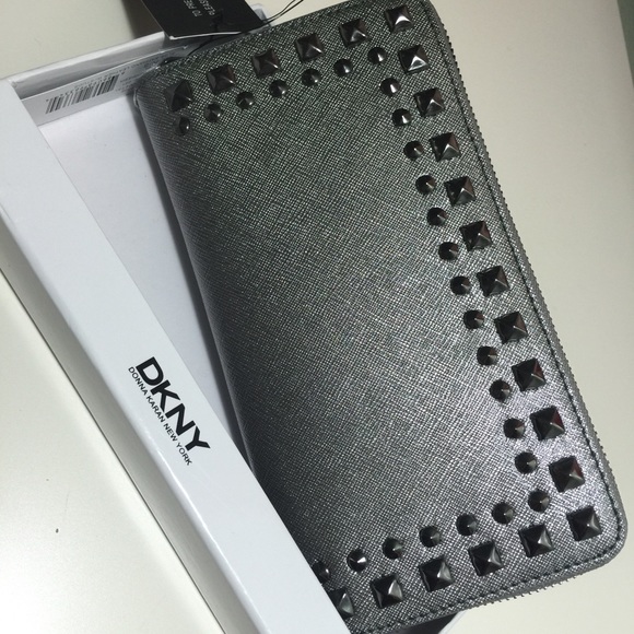 DKNY Gunmetal Grey Saffiano Leather Zip Wallet