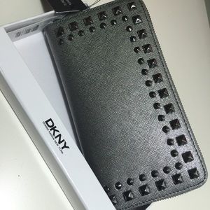DKNY Gunmetal Grey Saffiano Leather Zip Wallet