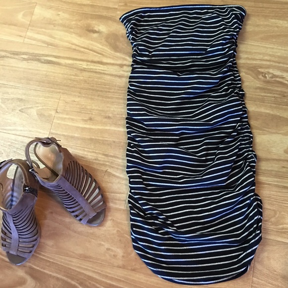 Guess Ruched Strapless Dress with Silver Stripes