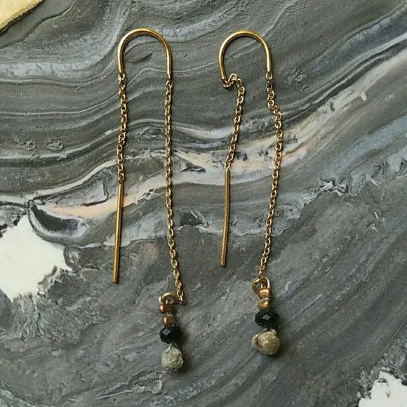 Gold Ear Threads with Raw Cut Black Diamond