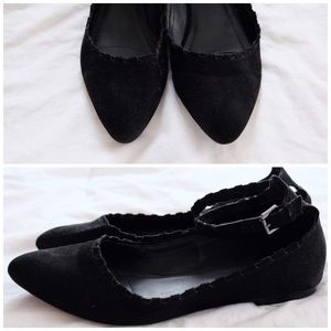 Black ankle strap ballet flats with almond toe