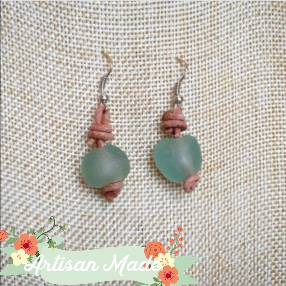 NEW Genuine Leather Sea Glass Boho Earrings