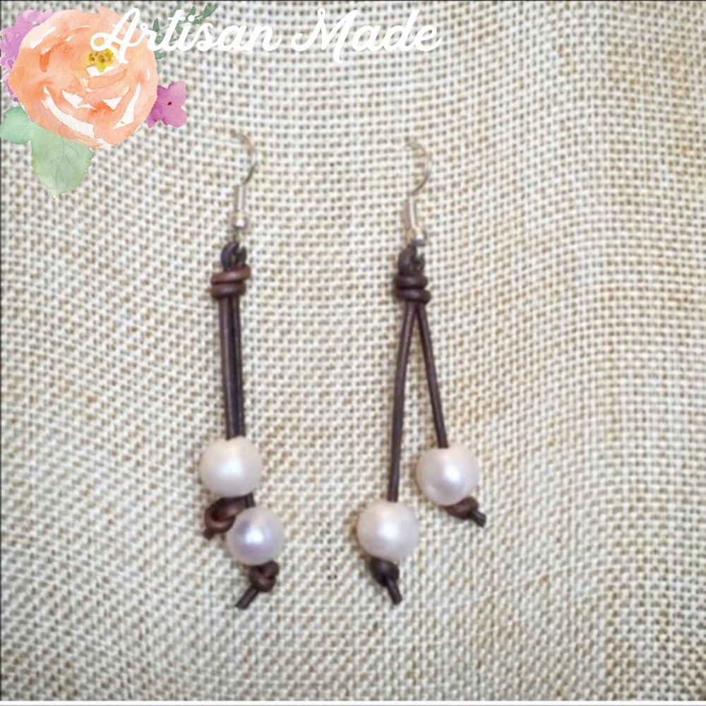 NEW Freshwater Pearl Leather Boho Earrings