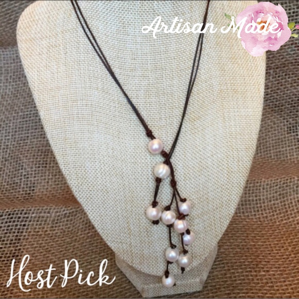 NEW Pearl Leather Boho Statement Cluster Necklace