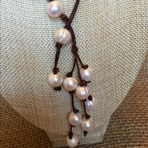 NEW Pearl Leather Boho Statement Cluster Necklace - Picture 2 of 8