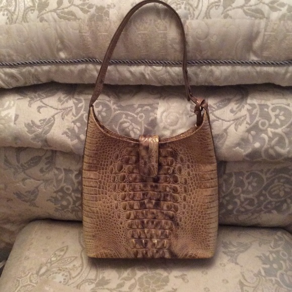 Gold and Tan Crocodile Embossed Leather Handbag