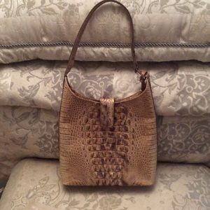 Gold and Tan Crocodile Embossed Leather Handbag