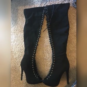 Lace Up Peep Toe Stiletto Over the Knee Boots