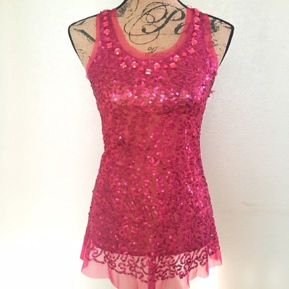 SOLD. Pink Sequin Sheer Jeweled Top - M