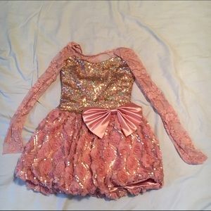 Sparkly pink lace and bow girls dance costume