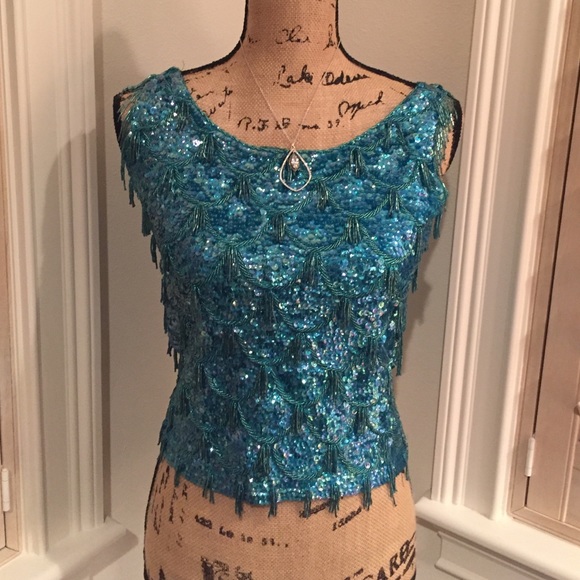 Vintage Hand Beaded Turquoise Tank.