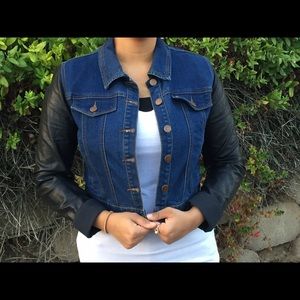 Denim Jacket with Faux Leather Sleeves