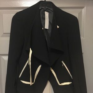 Black blazer with tan faux leather trim