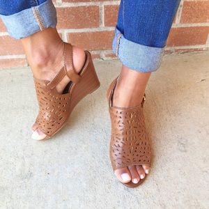 Cognac color wedges with a tribal cut-out print
