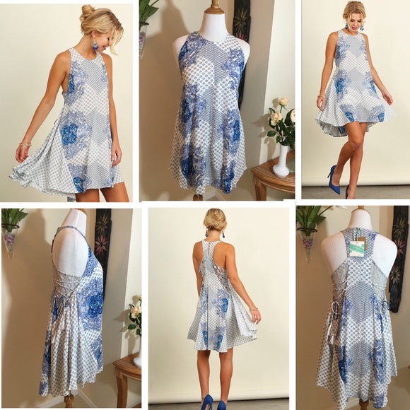 1 Large Left✔️Blue/White Print Laced Midi Dress - Picture 2 of 3