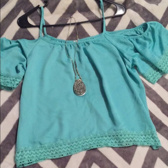 Teal, open shoulder top