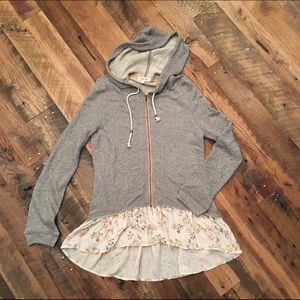 Gray hoodie with floral ruffle detailing