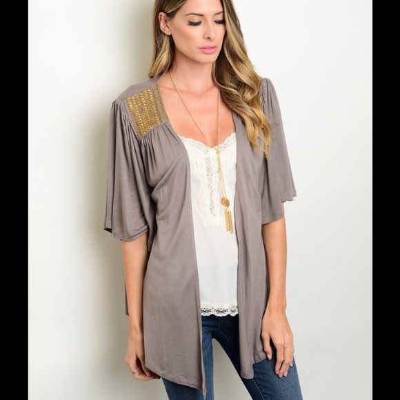Tops - Gray Kimono w/ Beaded Accent