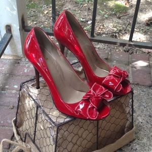 Stuart Weitzman red patent leather peep toe heels