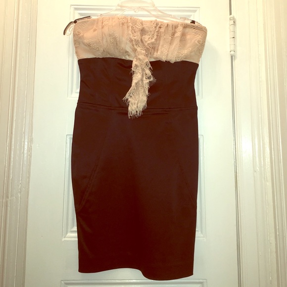Bebe Blush and black strapless lace dress