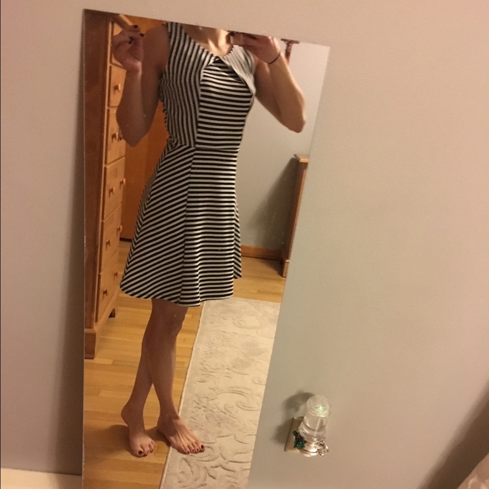 Black and white striped knee length dress
