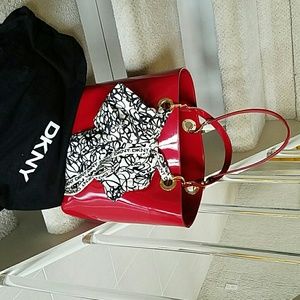 Red DKNY tote handbag