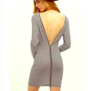 Striped V Cut Out Bodycon Dress With Zipper