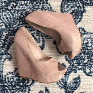 Nude Suede Peep Toe Wedges