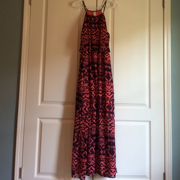 Coral & Navy Aztec print dress