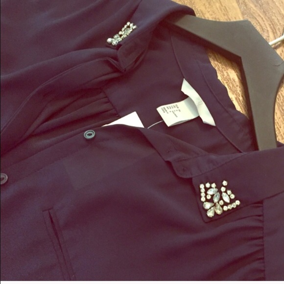 H&M navy sheer blouse with rhinestone collar