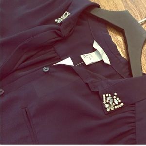 H&M navy sheer blouse with rhinestone collar