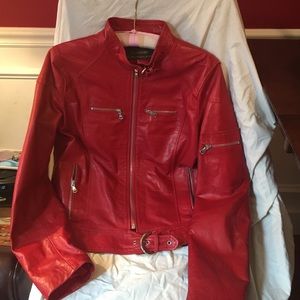 Red leather moto jacket