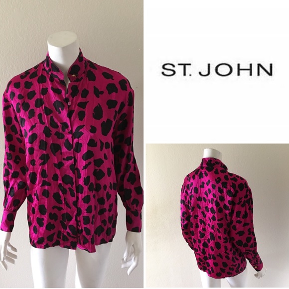 St. John Silk Animal Print Button-Down Top #091-6 - Picture 2 of 4