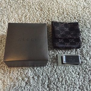 Gucci money clip. Black leather & stainless steel.